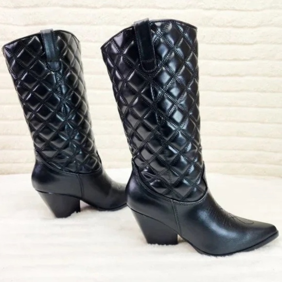 Cape Robbin Shoes - Cape Robbin Black Quilted Faux Leather Western Mid Calf Cowgirl Boots